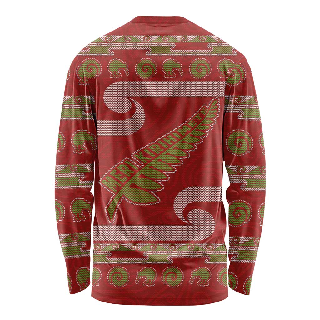 New Zealand Christmas Long Sleeve Shirt Meri Kirihimete Silver Fern Knit Style Green Color - Polynesian Pride