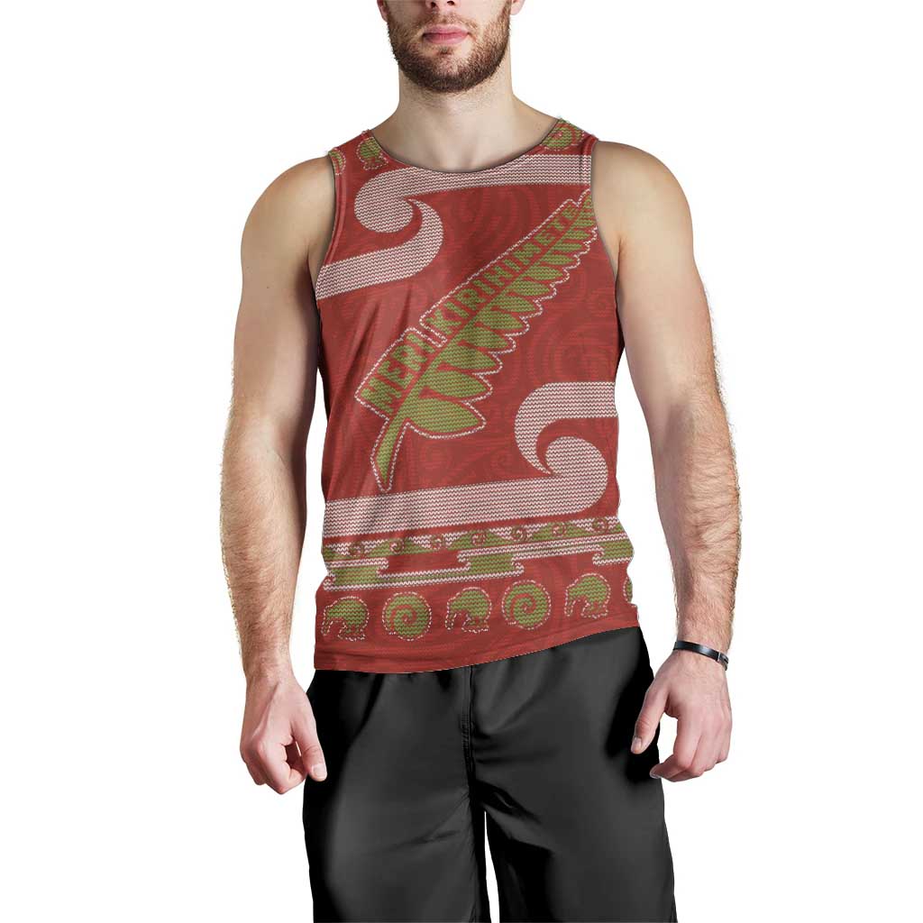 New Zealand Christmas Men Tank Top Meri Kirihimete Silver Fern Knit Style Green Color - Polynesian Pride