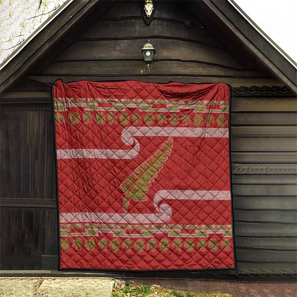 New Zealand Christmas Quilt Meri Kirihimete Silver Fern Knit Style Green Color - Polynesian Pride