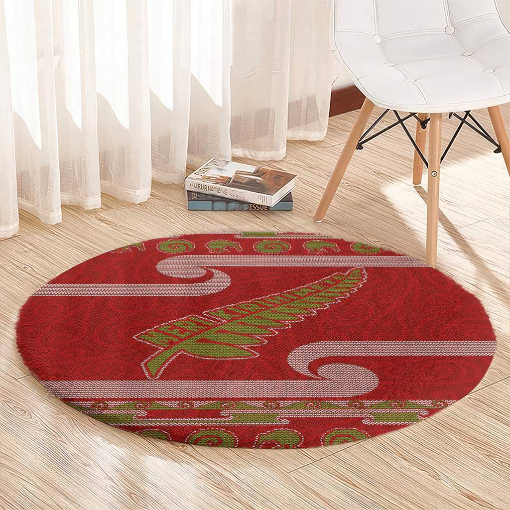 New Zealand Christmas Round Carpet Meri Kirihimete Silver Fern Knit Style Green Color - Polynesian Pride