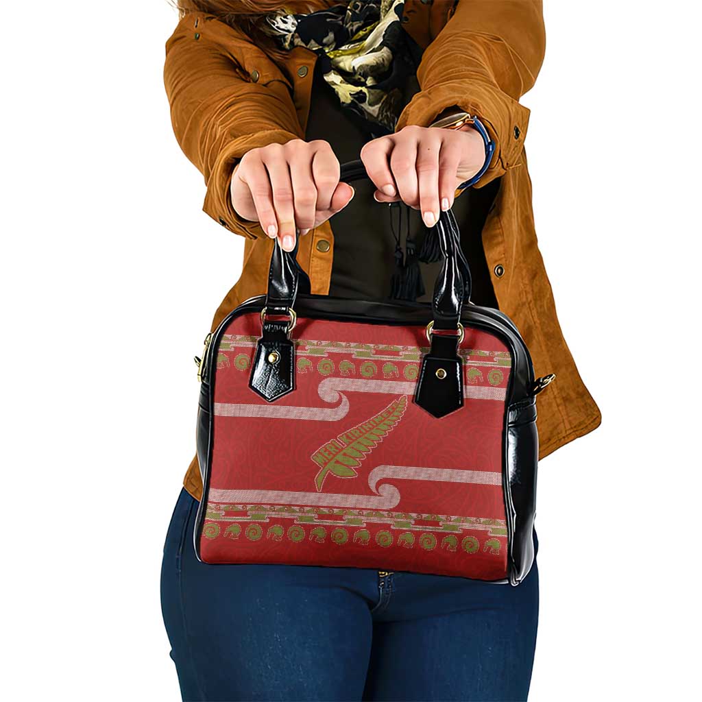 New Zealand Christmas Shoulder Handbag Meri Kirihimete Silver Fern Knit Style Green Color - Polynesian Pride