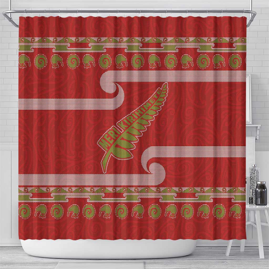 New Zealand Christmas Shower Curtain Meri Kirihimete Silver Fern Knit Style Green Color - Polynesian Pride