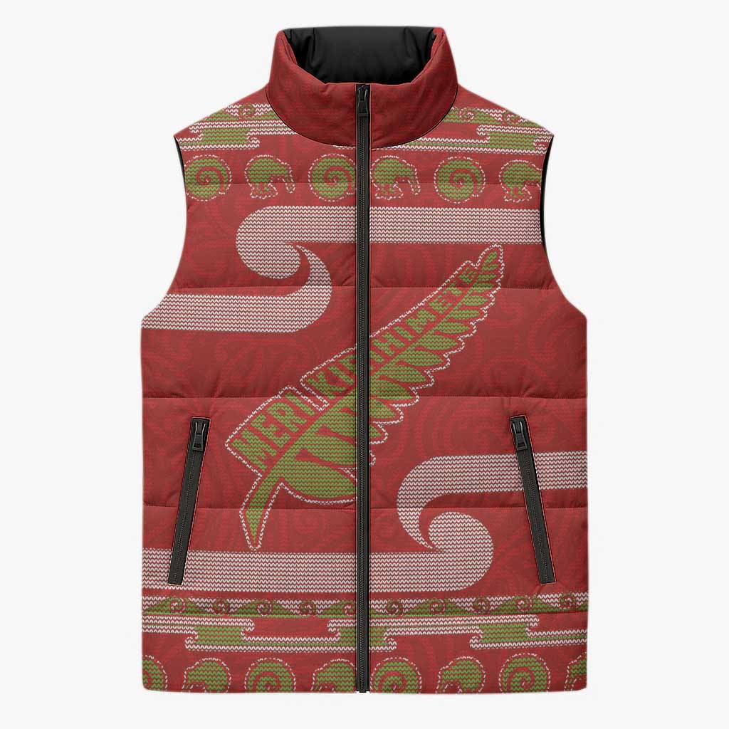 New Zealand Christmas Sleeveless Puffer Jacket Meri Kirihimete Silver Fern Knit Style Green Color - Polynesian Pride