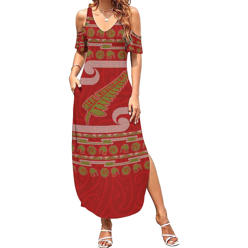 New Zealand Christmas Summer Maxi Dress Meri Kirihimete Silver Fern Knit Style Green Color - Polynesian Pride