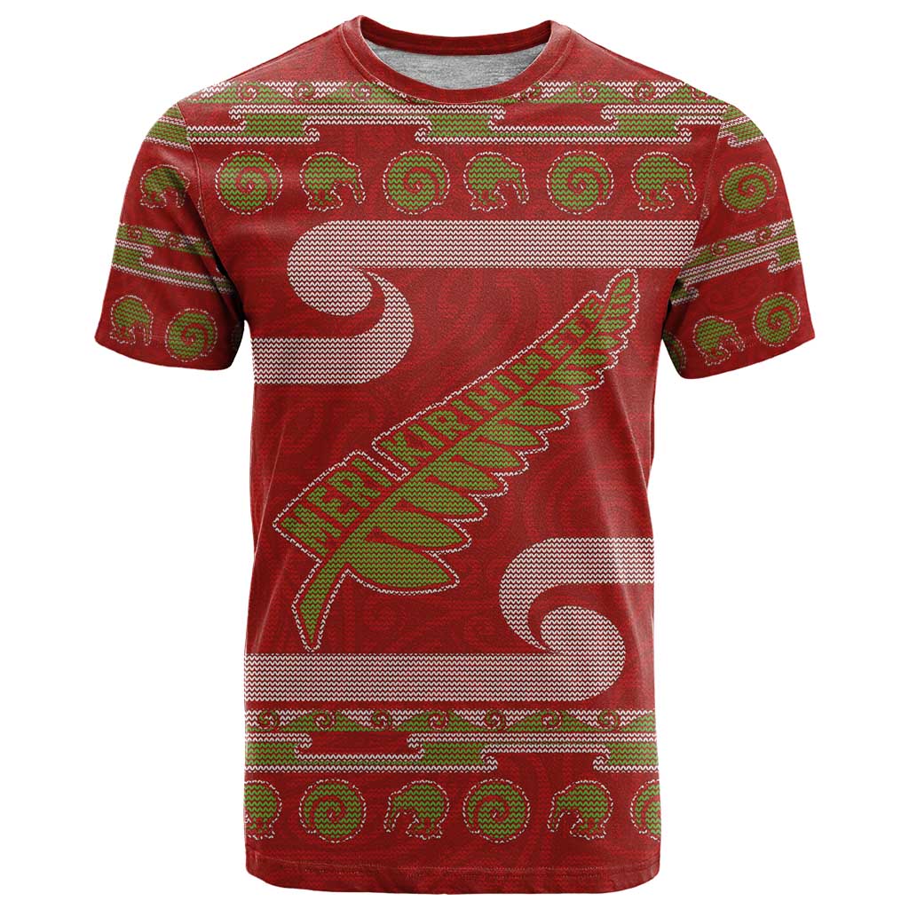 New Zealand Christmas T Shirt Meri Kirihimete Silver Fern Knit Style Green Color - Polynesian Pride