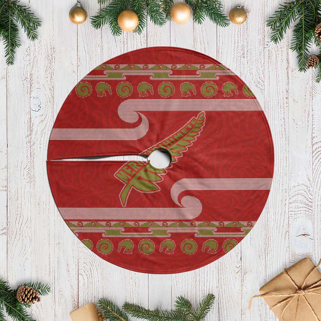 New Zealand Christmas Tree Skirt Meri Kirihimete Silver Fern Knit Style Green Color - Polynesian Pride