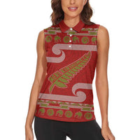 New Zealand Christmas Women Sleeveless Polo Shirt Meri Kirihimete Silver Fern Knit Style Green Color - Polynesian Pride