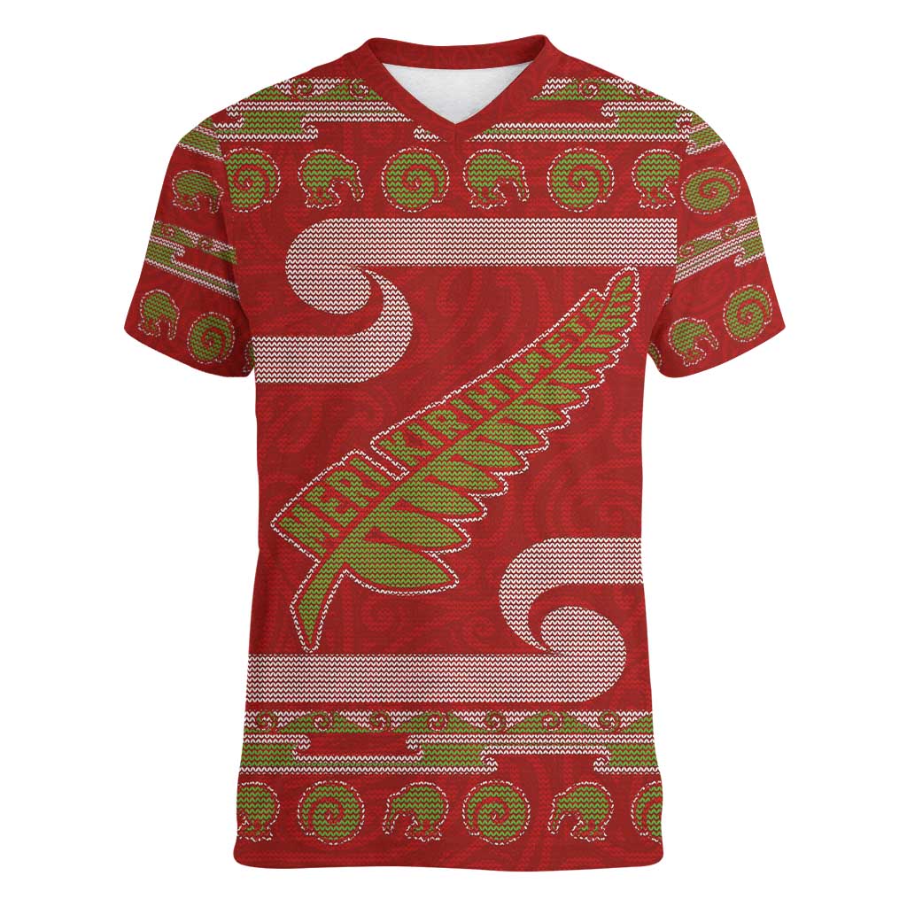 New Zealand Christmas Women V-Neck T-Shirt Meri Kirihimete Silver Fern Knit Style Green Color - Polynesian Pride