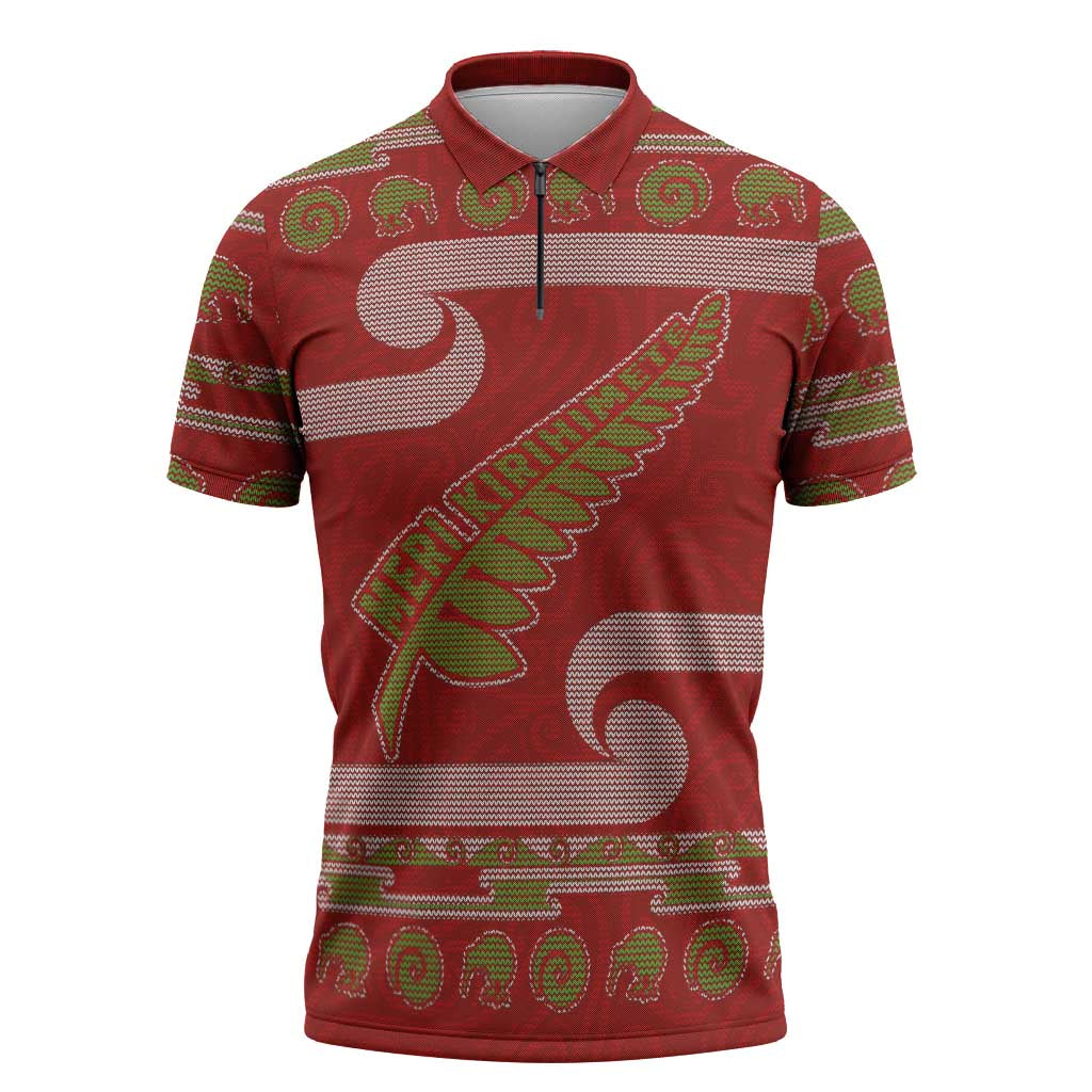 New Zealand Christmas Zipper Polo Shirt Meri Kirihimete Silver Fern Knit Style Green Color - Polynesian Pride