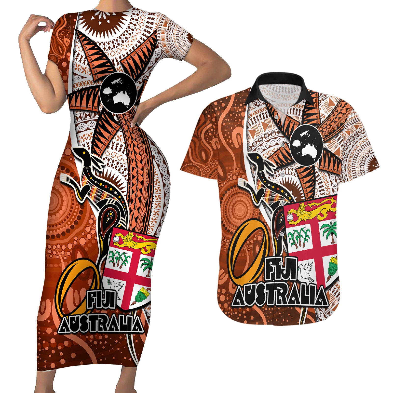 fiji-australia-rugby-couples-matching-short-sleeve-bodycon-dress-and-hawaiian-shirt-kangaroo-and-palm-tree-orange-tapa-pattern-mix-aboriginal