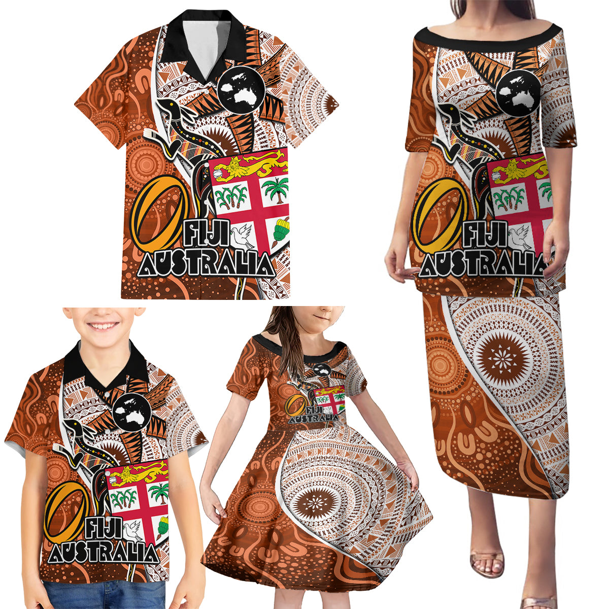 Fiji Australia Rugby Family Matching Puletasi Dress and Hawaiian Shirt Kangaroo and Palm Tree Orange Tapa Pattern Mix Aboriginal LT03 - Polynesian Pride