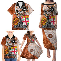 Fiji Australia Rugby Family Matching Puletasi Dress and Hawaiian Shirt Kangaroo and Palm Tree Orange Tapa Pattern Mix Aboriginal LT03 - Polynesian Pride
