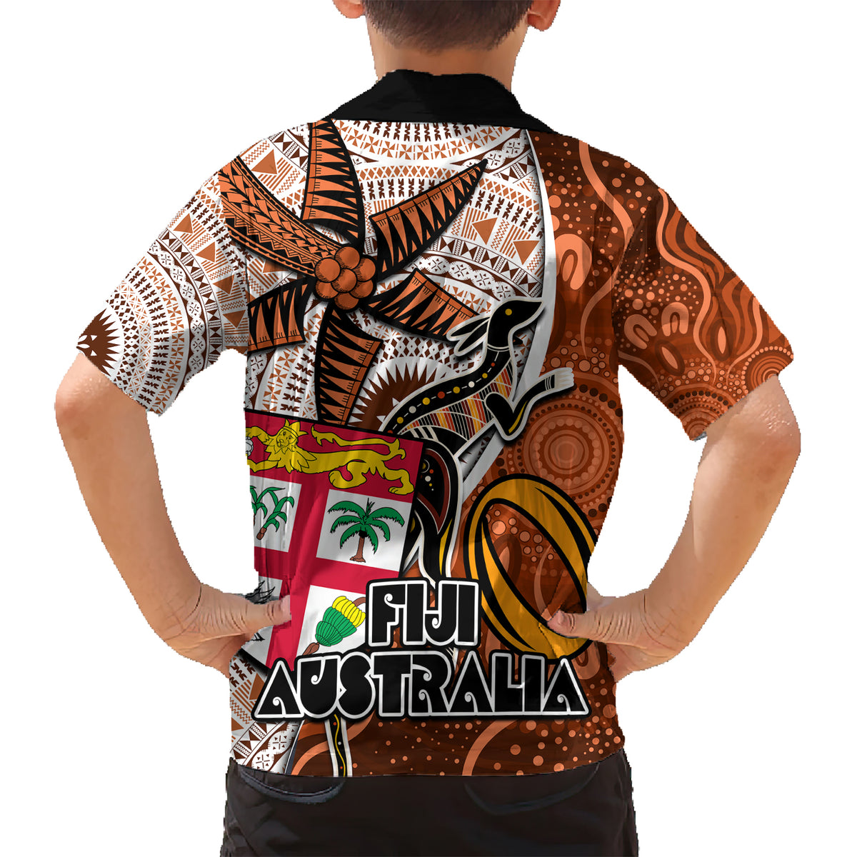 fiji-australia-rugby-family-matching-short-sleeve-bodycon-dress-and-hawaiian-shirt-kangaroo-and-palm-tree-orange-tapa-pattern-mix-aboriginal