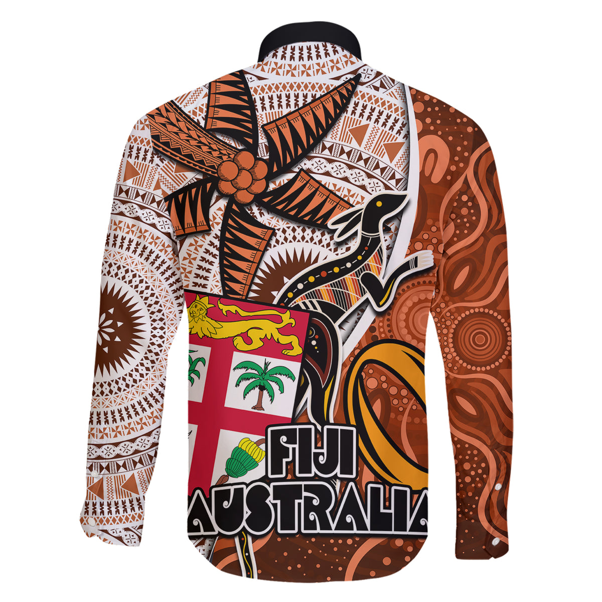 fiji-australia-rugby-family-matching-short-sleeve-bodycon-dress-and-hawaiian-shirt-kangaroo-and-palm-tree-orange-tapa-pattern-mix-aboriginal