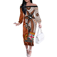 fiji-australia-rugby-off-the-shoulder-long-sleeve-dress-kangaroo-and-palm-tree-orange-tapa-pattern-mix-aboriginal