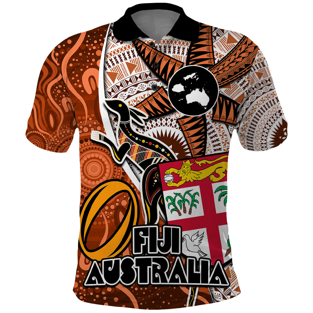 Fiji Australia Rugby Polo Shirt Kangaroo and Palm Tree Orange Tapa Pattern Mix Aboriginal LT03 Orange - Polynesian Pride