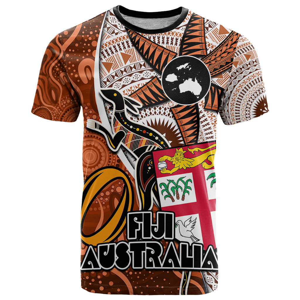 Fiji Australia Rugby T Shirt Kangaroo and Palm Tree Orange Tapa Pattern Mix Aboriginal LT03 Orange - Polynesian Pride