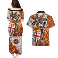 personalised-fiji-australia-rugby-couples-matching-puletasi-dress-and-hawaiian-shirt-kangaroo-and-palm-tree-orange-tapa-pattern-mix-aboriginal