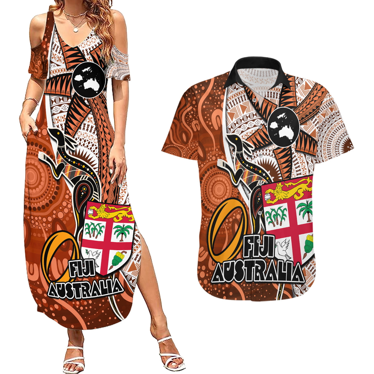 personalised-fiji-australia-rugby-couples-matching-summer-maxi-dress-and-hawaiian-shirt-kangaroo-and-palm-tree-orange-tapa-pattern-mix-aboriginal