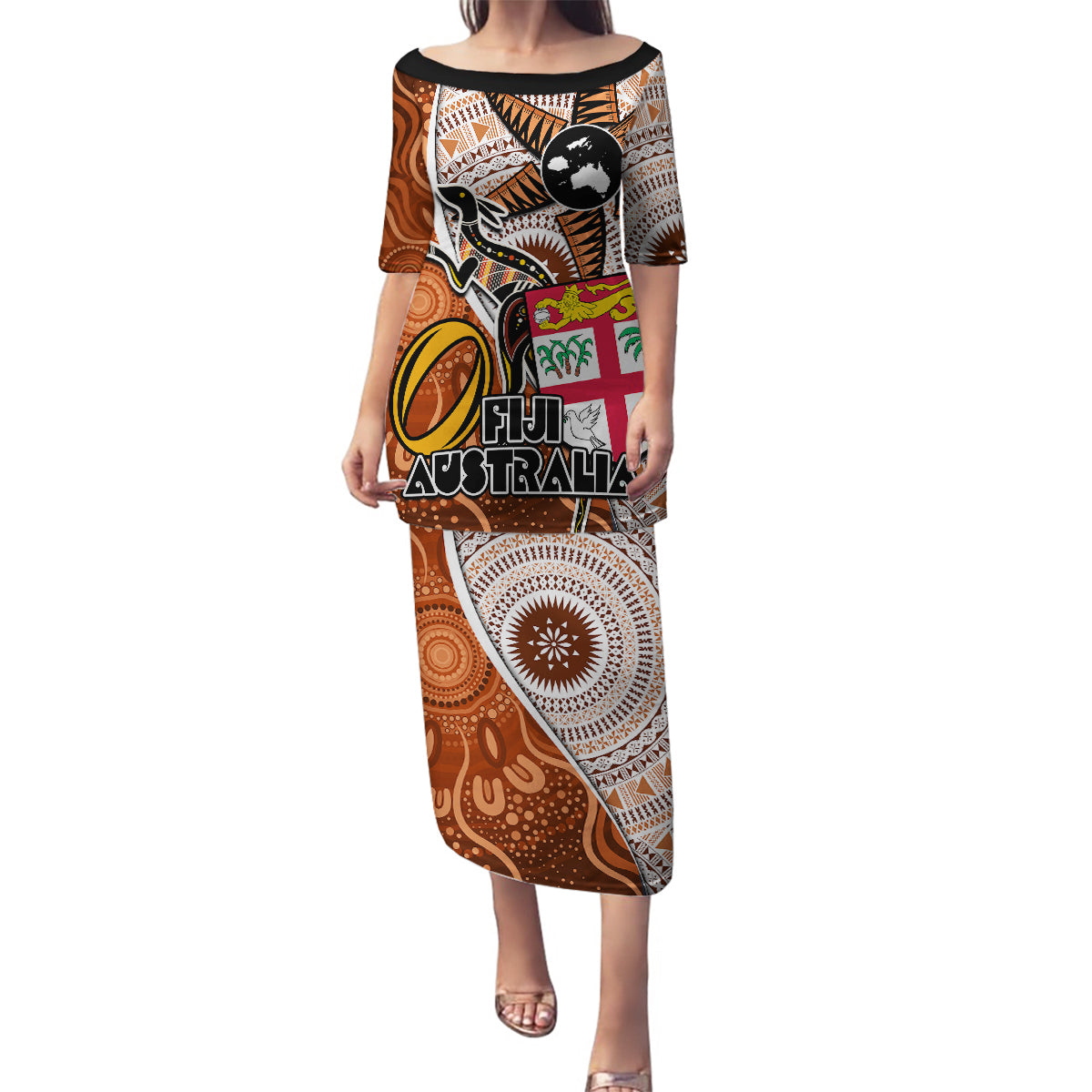 Personalised Fiji Australia Rugby Family Matching Puletasi Dress and Hawaiian Shirt Kangaroo and Palm Tree Orange Tapa Pattern Mix Aboriginal LT03 Mom's Dress Orange - Polynesian Pride