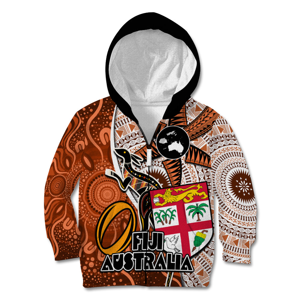 Personalised Fiji Australia Rugby Kid Hoodie Kangaroo and Palm Tree Orange Tapa Pattern Mix Aboriginal LT03 Zip Hoodie Orange - Polynesian Pride