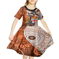 personalised-fiji-australia-rugby-kid-short-sleeve-dress-kangaroo-and-palm-tree-orange-tapa-pattern-mix-aboriginal