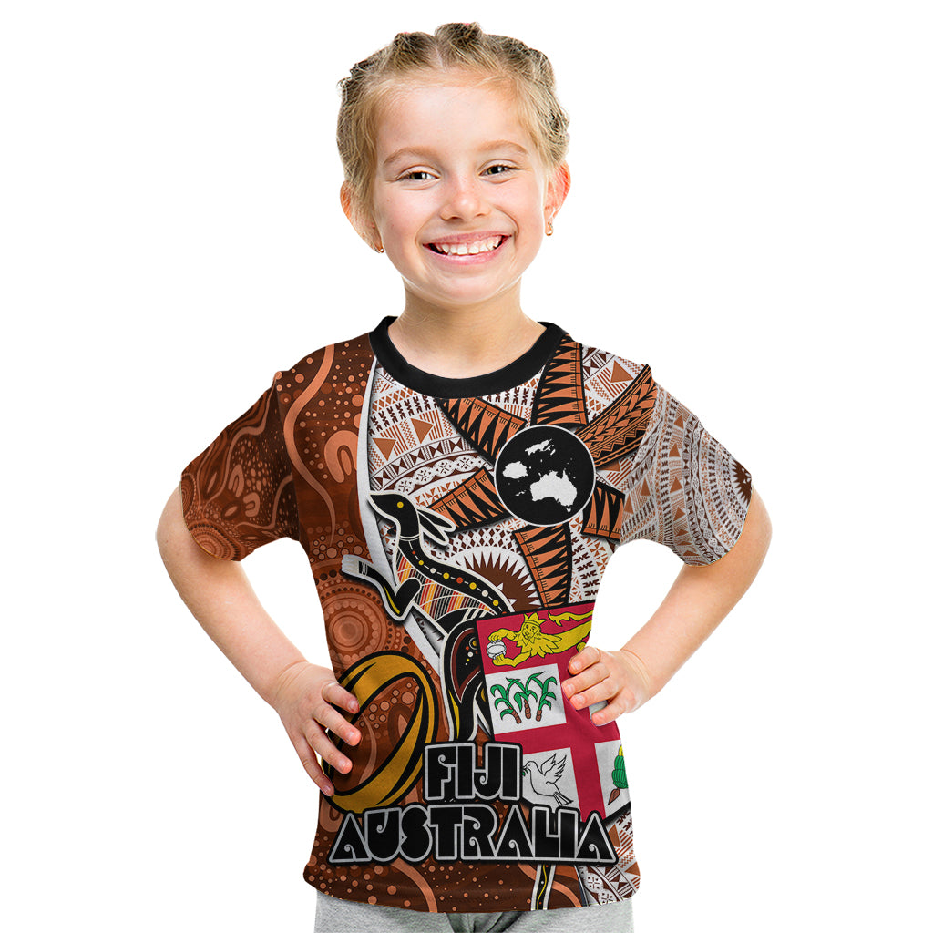 Personalised Fiji Australia Rugby Kid T Shirt Kangaroo and Palm Tree Orange Tapa Pattern Mix Aboriginal LT03 Orange - Polynesian Pride