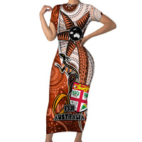personalised-fiji-australia-rugby-short-sleeve-bodycon-dress-kangaroo-and-palm-tree-orange-tapa-pattern-mix-aboriginal