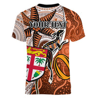 personalised-fiji-australia-rugby-women-v-neck-t-shirt-kangaroo-and-palm-tree-orange-tapa-pattern-mix-aboriginal
