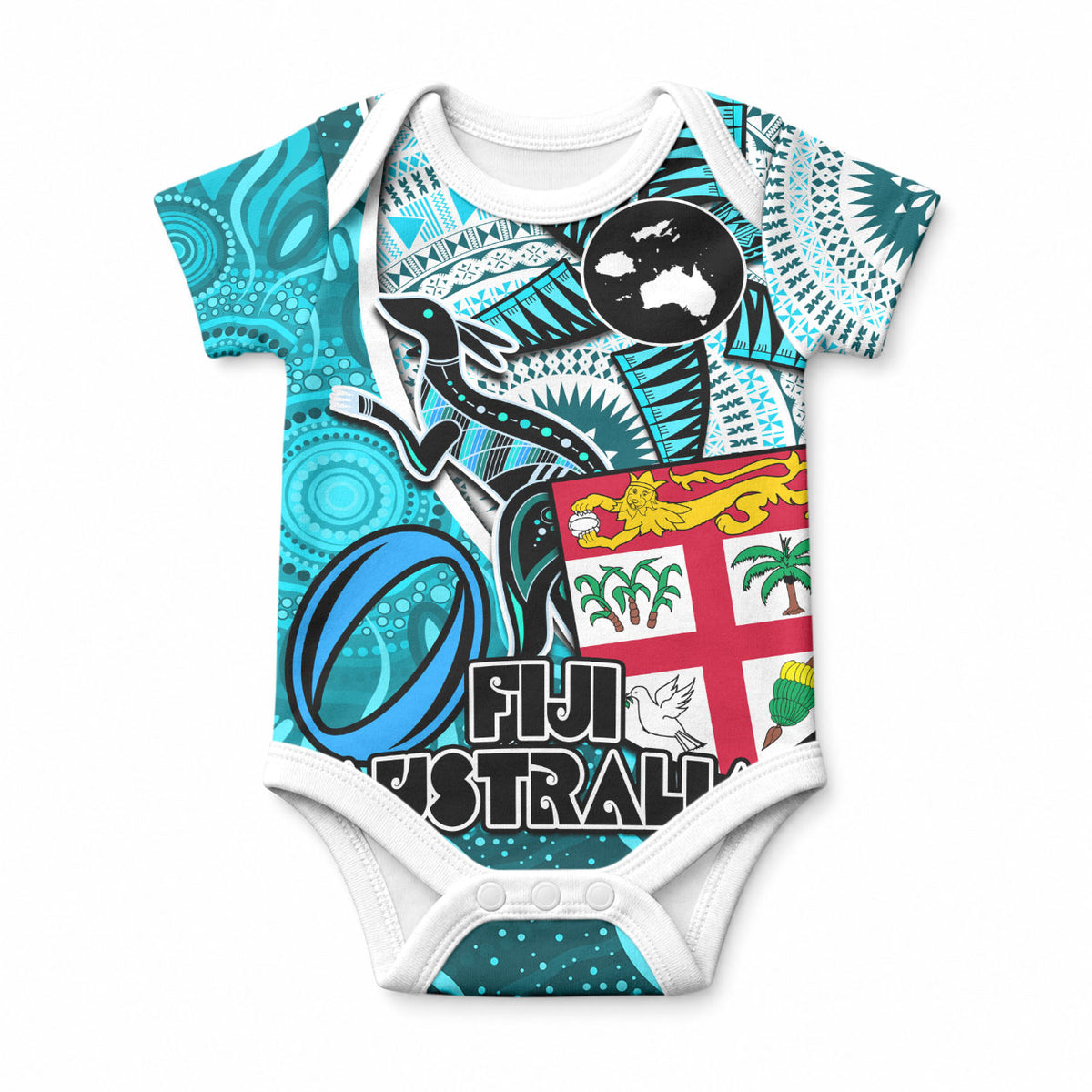 Fiji Australia Rugby Baby Onesie Kangaroo and Palm Tree red Tapa Pattern Mix Aboriginal LT03 Red - Polynesian Pride