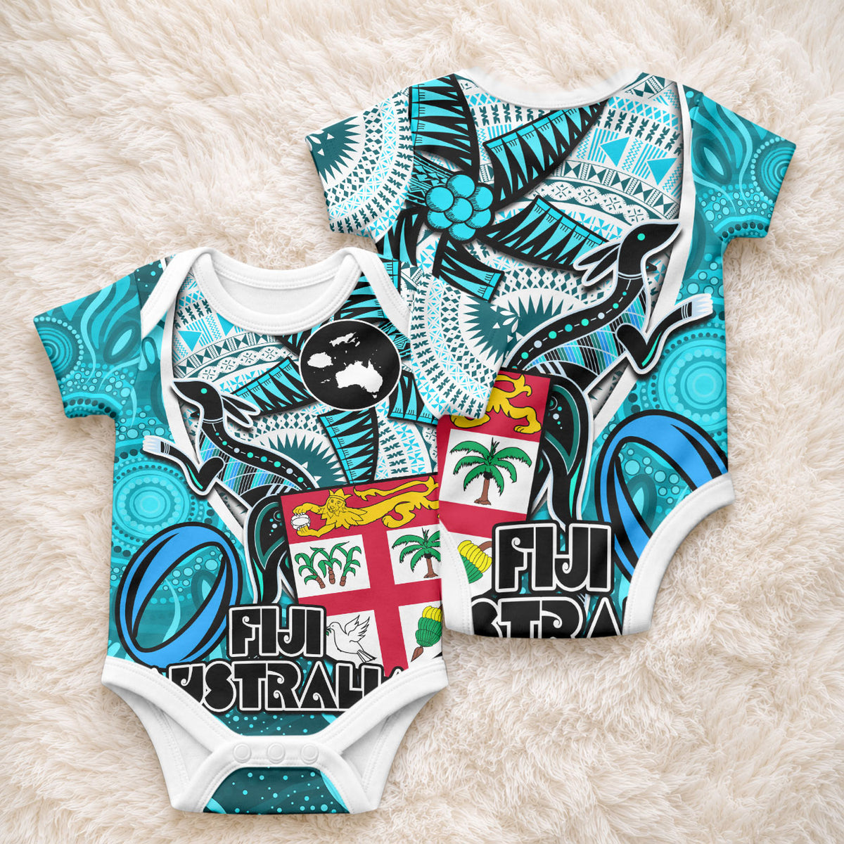 Fiji Australia Rugby Baby Onesie Kangaroo and Palm Tree red Tapa Pattern Mix Aboriginal LT03 - Polynesian Pride