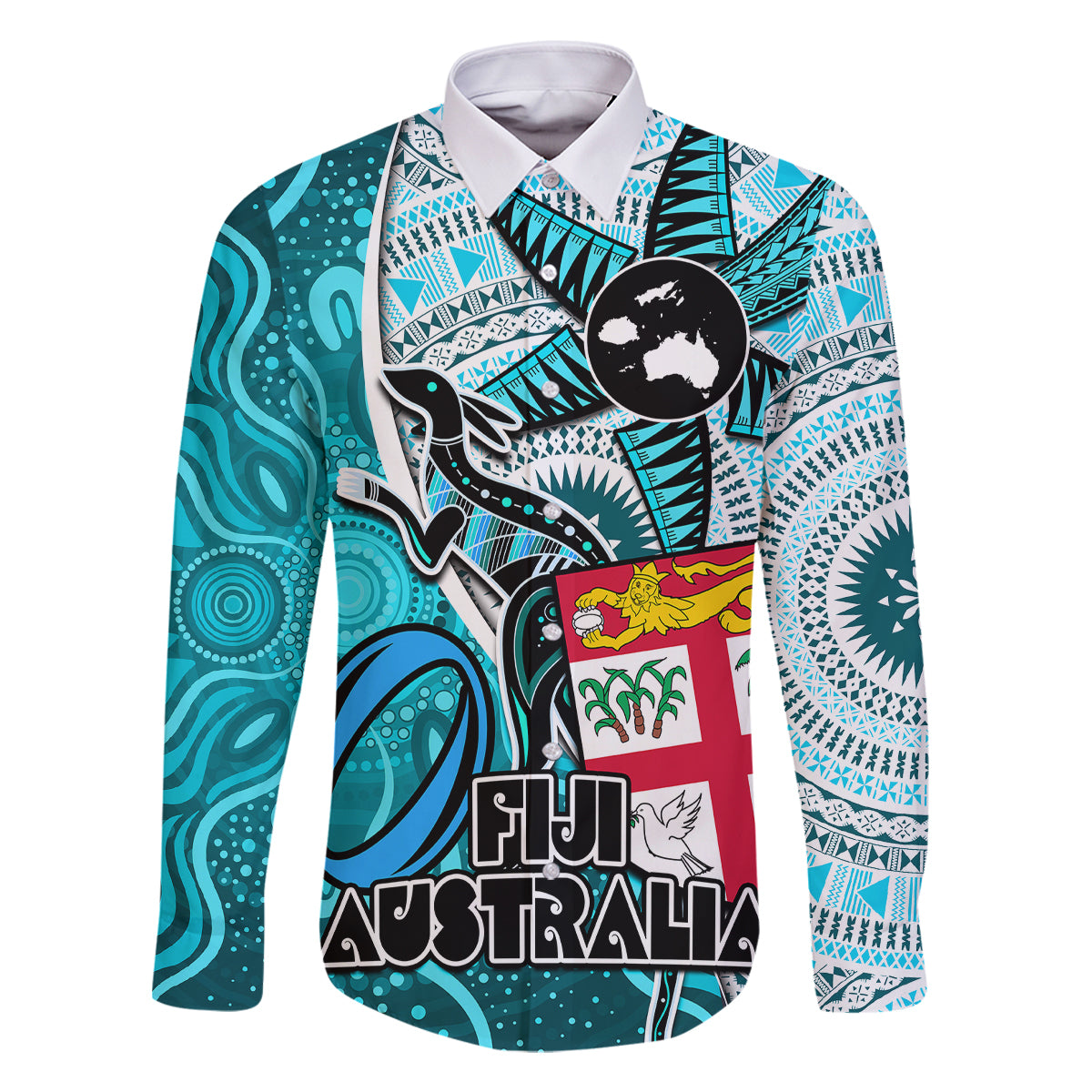 fiji-australia-rugby-family-matching-mermaid-dress-and-hawaiian-shirt-kangaroo-and-palm-tree-blue-tapa-pattern-mix-aboriginal