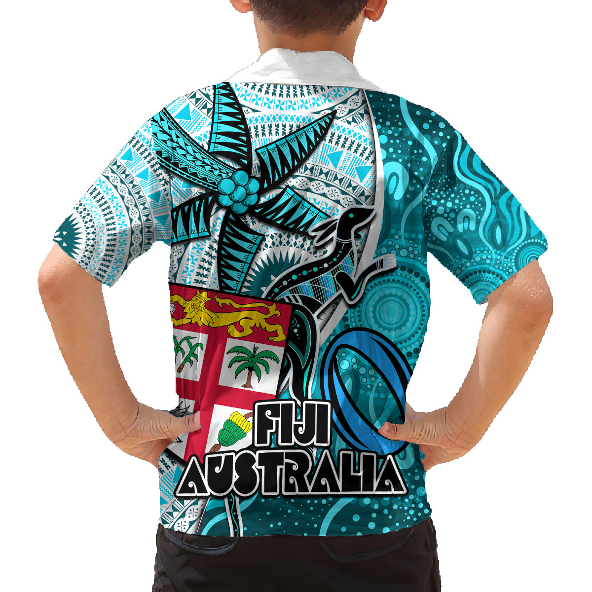 fiji-australia-rugby-family-matching-off-shoulder-short-dress-and-hawaiian-shirt-kangaroo-and-palm-tree-blue-tapa-pattern-mix-aboriginal