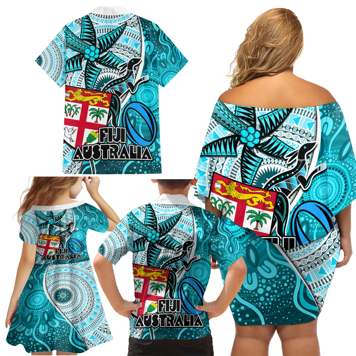 fiji-australia-rugby-family-matching-off-shoulder-short-dress-and-hawaiian-shirt-kangaroo-and-palm-tree-blue-tapa-pattern-mix-aboriginal