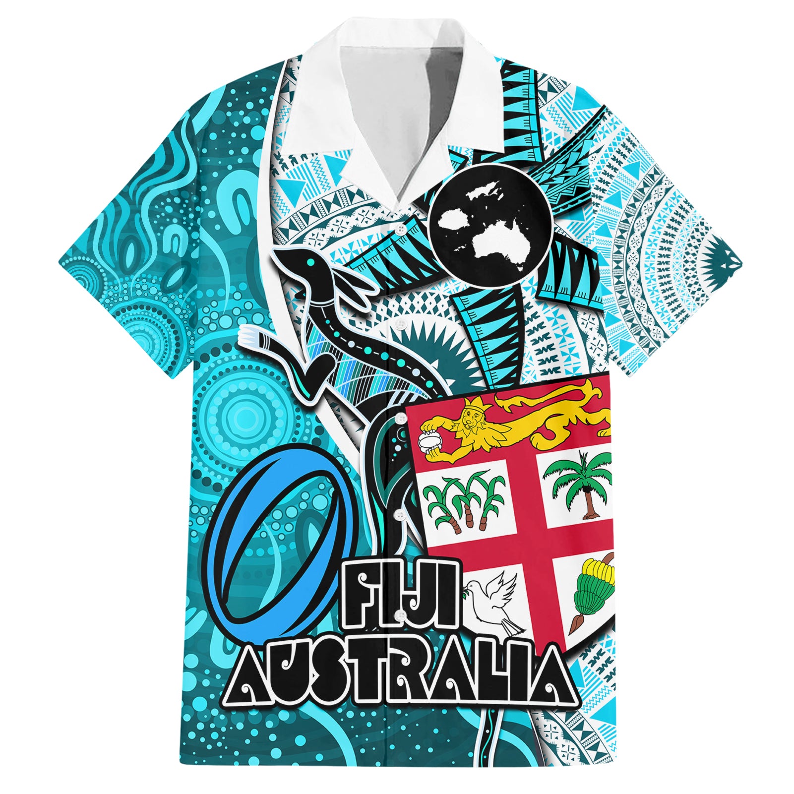 Fiji Australia Rugby Hawaiian Shirt Kangaroo and Palm Tree Blue Tapa Pattern Mix Aboriginal LT03 Blue - Polynesian Pride