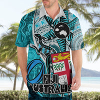 Fiji Australia Rugby Hawaiian Shirt Kangaroo and Palm Tree Blue Tapa Pattern Mix Aboriginal LT03 - Polynesian Pride