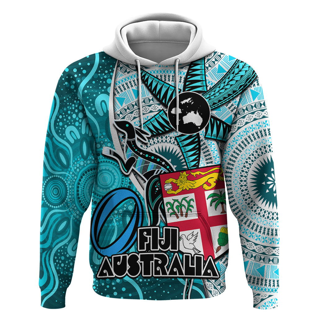 Fiji Australia Rugby Hoodie Kangaroo and Palm Tree Blue Tapa Pattern Mix Aboriginal LT03 Pullover Hoodie Blue - Polynesian Pride