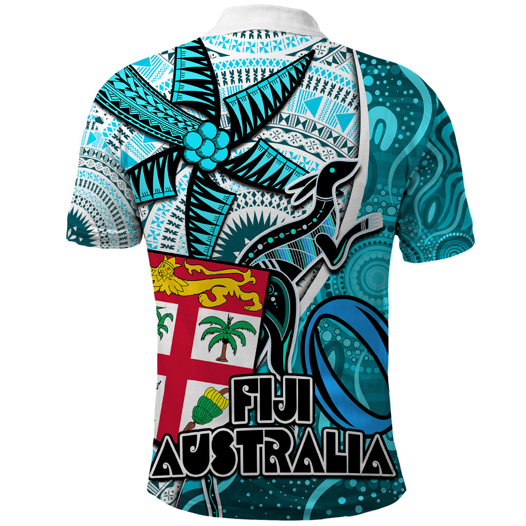Fiji Australia Rugby Polo Shirt Kangaroo and Palm Tree Blue Tapa Pattern Mix Aboriginal LT03 - Polynesian Pride