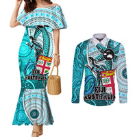 personalised-fiji-australia-rugby-couples-matching-mermaid-dress-and-long-sleeve-button-shirts-kangaroo-and-palm-tree-blue-tapa-pattern-mix-aboriginal