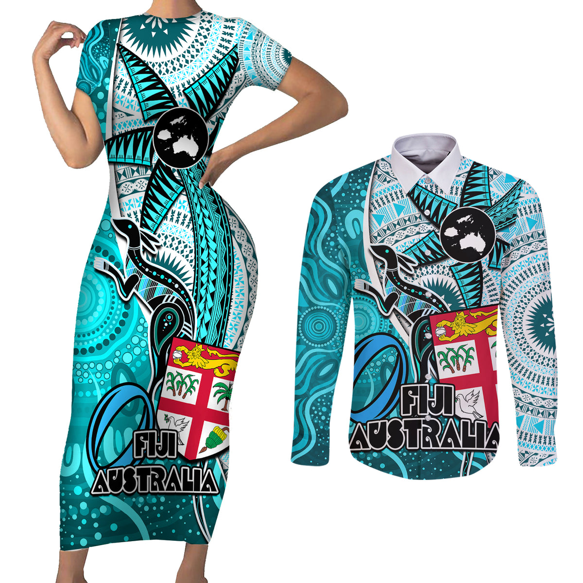 personalised-fiji-australia-rugby-couples-matching-short-sleeve-bodycon-dress-and-long-sleeve-button-shirts-kangaroo-and-palm-tree-blue-tapa-pattern-mix-aboriginal