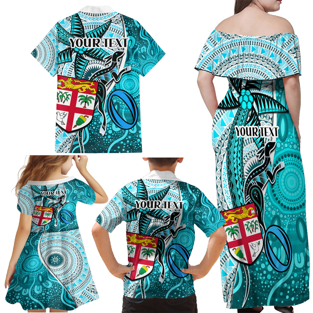 personalised-fiji-australia-rugby-family-matching-off-shoulder-long-sleeve-dress-and-hawaiian-shirt-kangaroo-and-palm-tree-blue-tapa-pattern-mix-aboriginal
