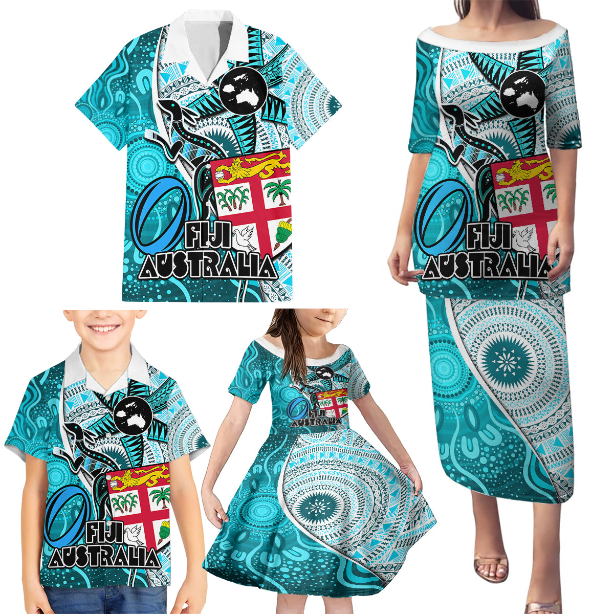 Personalised Fiji Australia Rugby Family Matching Puletasi Dress and Hawaiian Shirt Kangaroo and Palm Tree Blue Tapa Pattern Mix Aboriginal LT03 - Polynesian Pride