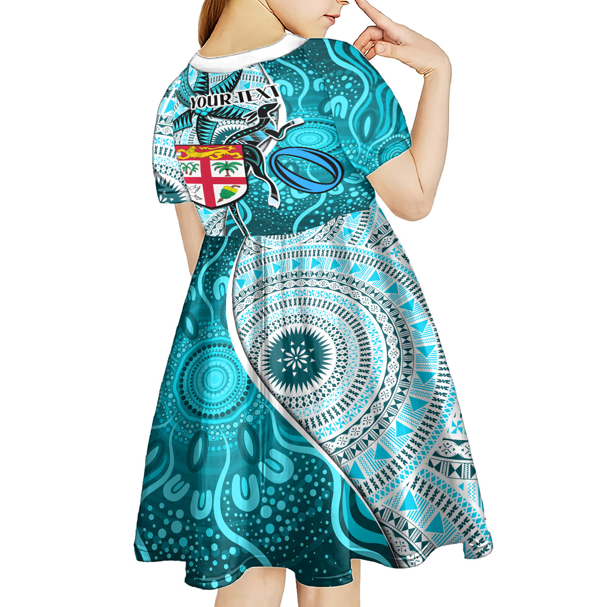 personalised-fiji-australia-rugby-kid-short-sleeve-dress-kangaroo-and-palm-tree-blue-tapa-pattern-mix-aboriginal