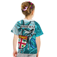 Personalised Fiji Australia Rugby Kid T Shirt Kangaroo and Palm Tree Blue Tapa Pattern Mix Aboriginal LT03 - Polynesian Pride