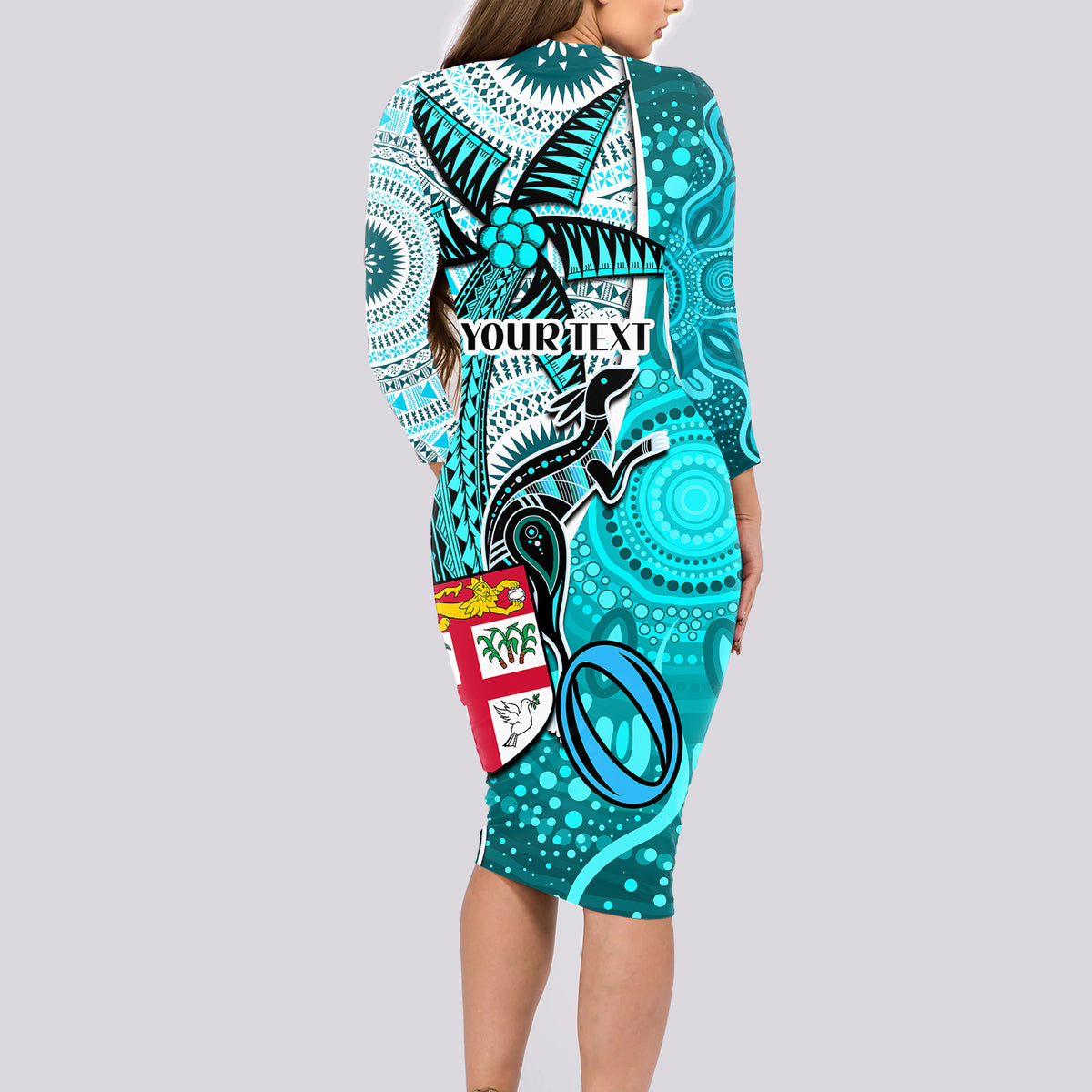 personalised-fiji-australia-rugby-long-sleeve-bodycon-dress-kangaroo-and-palm-tree-blue-tapa-pattern-mix-aboriginal