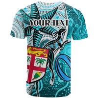 Personalised Fiji Australia Rugby T Shirt Kangaroo and Palm Tree Blue Tapa Pattern Mix Aboriginal LT03 - Polynesian Pride