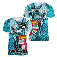 personalised-fiji-australia-rugby-women-v-neck-t-shirt-kangaroo-and-palm-tree-blue-tapa-pattern-mix-aboriginal