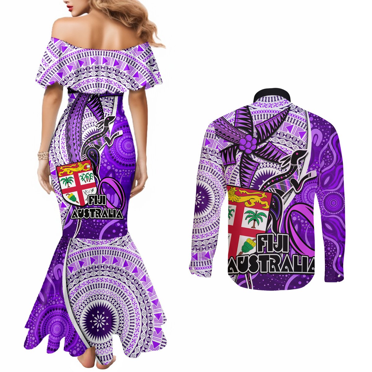 fiji-australia-rugby-couples-matching-mermaid-dress-and-long-sleeve-button-shirts-kangaroo-and-palm-tree-purple-tapa-pattern-mix-aboriginal