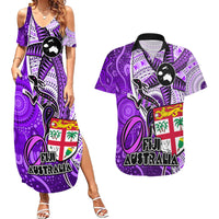 fiji-australia-rugby-couples-matching-summer-maxi-dress-and-hawaiian-shirt-kangaroo-and-palm-tree-purple-tapa-pattern-mix-aboriginal