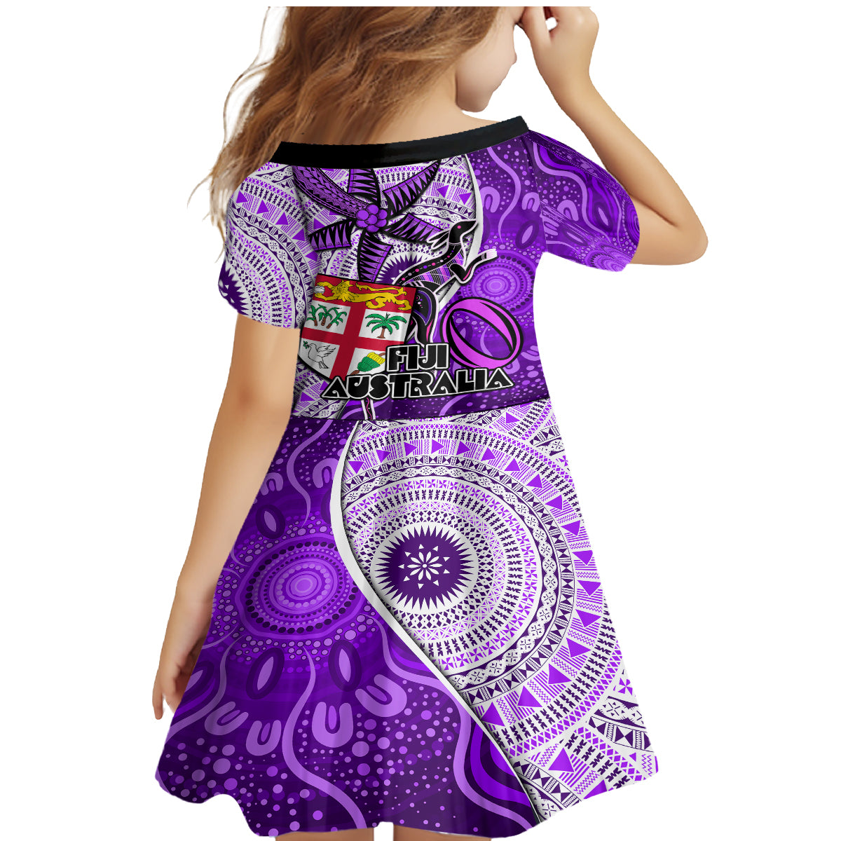 fiji-australia-rugby-family-matching-mermaid-dress-and-hawaiian-shirt-kangaroo-and-palm-tree-purple-tapa-pattern-mix-aboriginal
